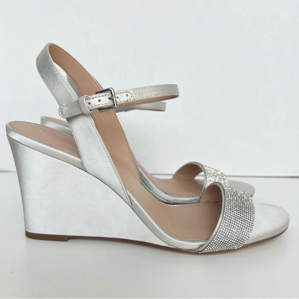 •COLE HAAN•‎ Josie Wedge Ankle Strap Sandal Heel Size 9.5B Gray Satin Crystals